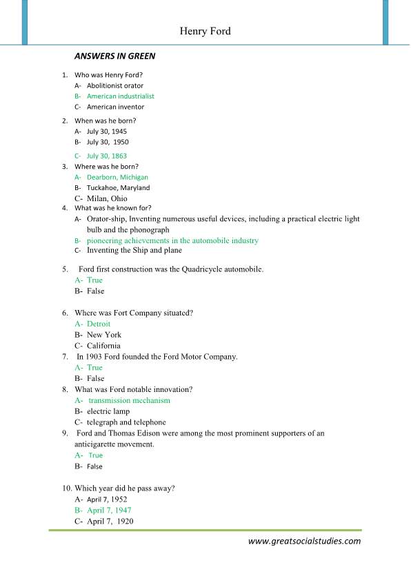 Facts about henry ford, work sheet, history of henry ford | GREAT